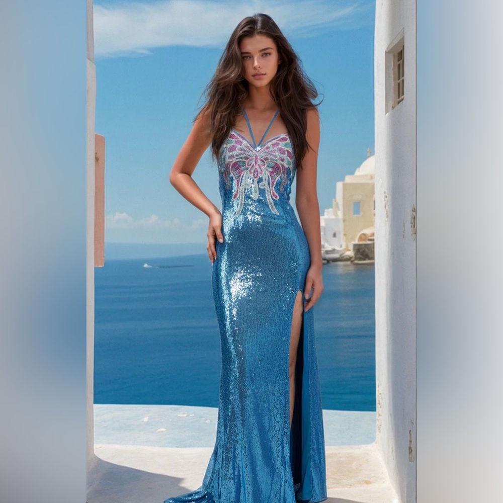 Stunning Blue Sequin Gown with Pink Accents